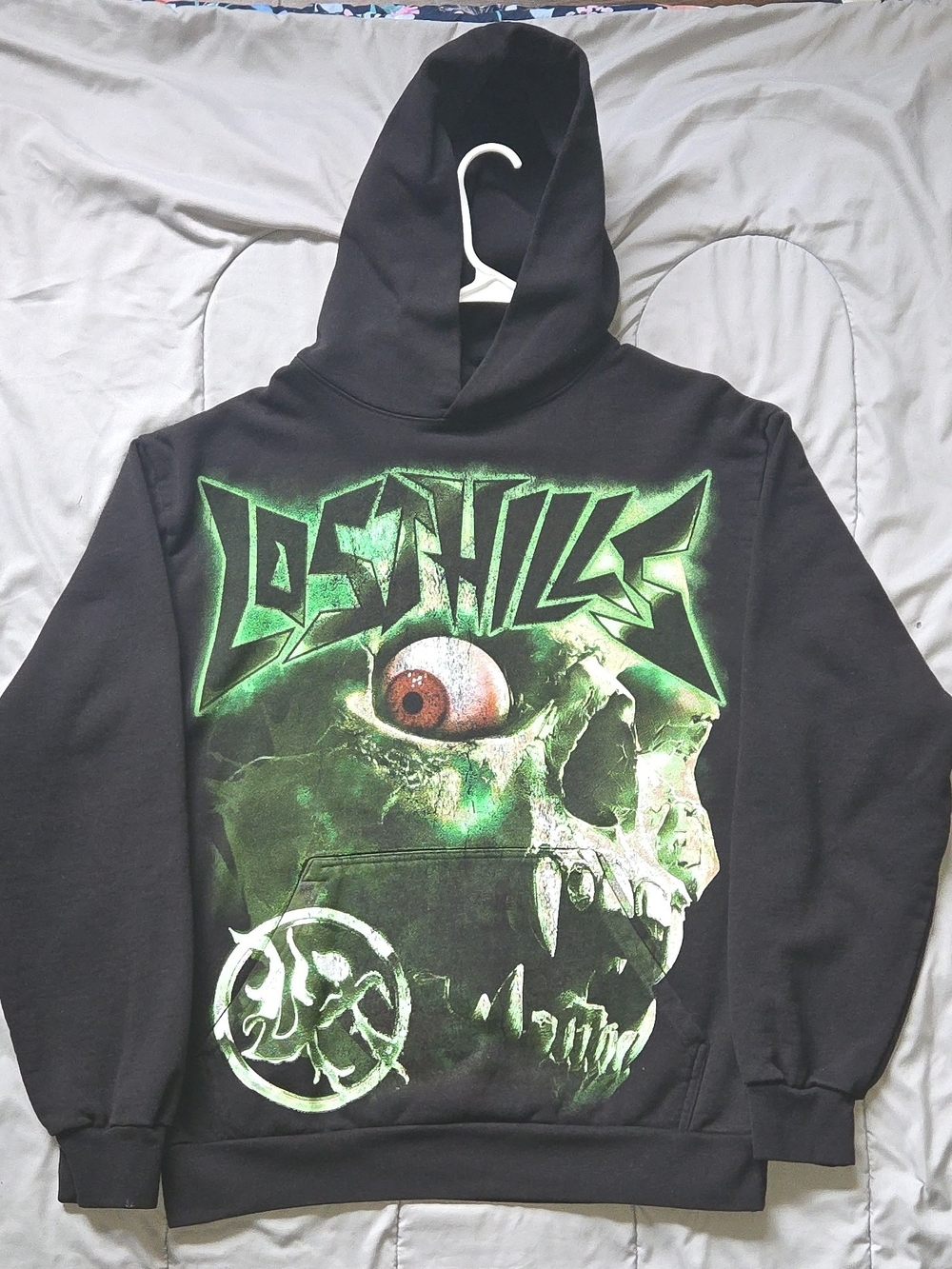 Lost Hills Black/Green Skull Graphic Pullover Hoodie Size L